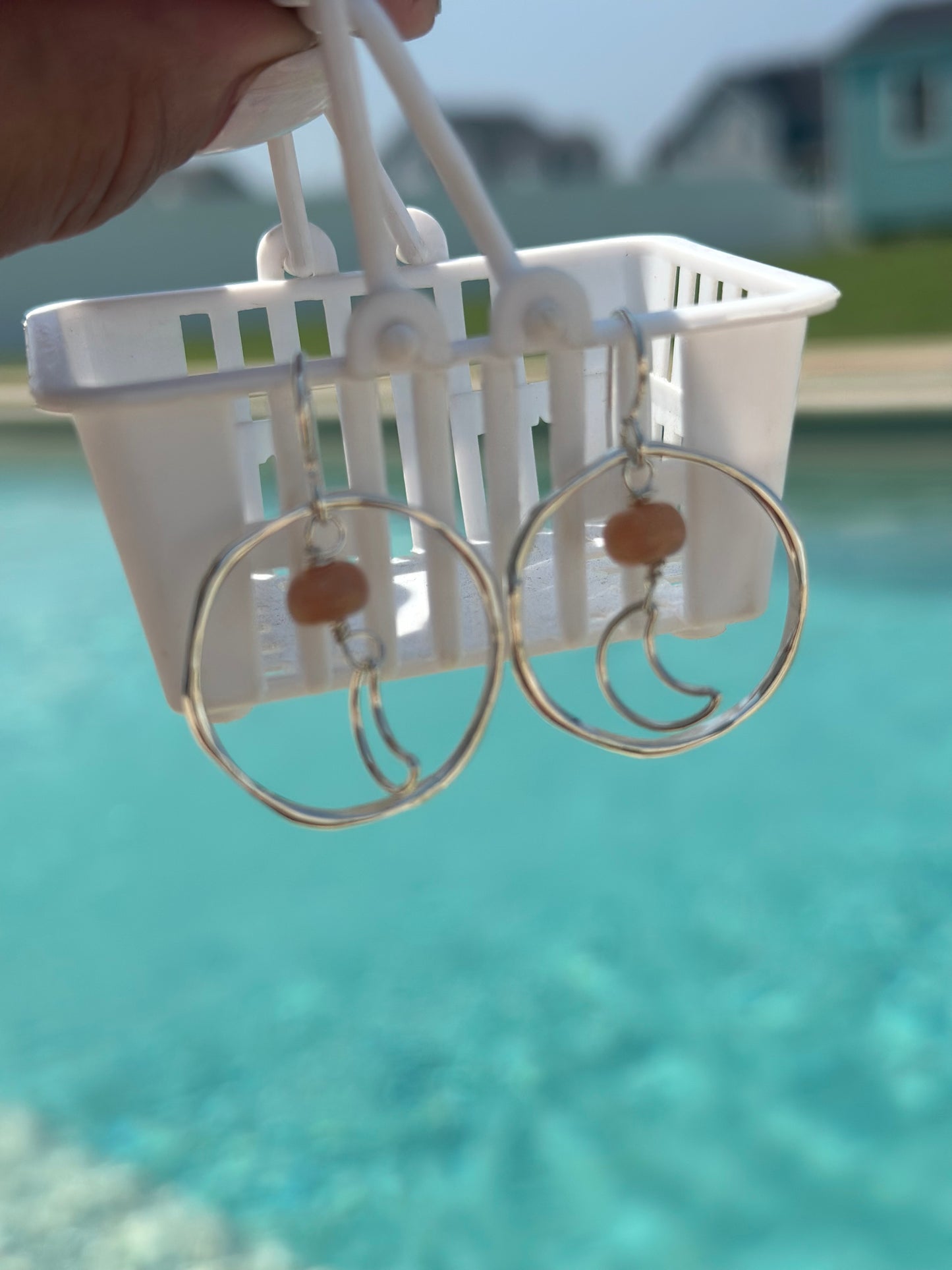 Peach moonstone moon earrings